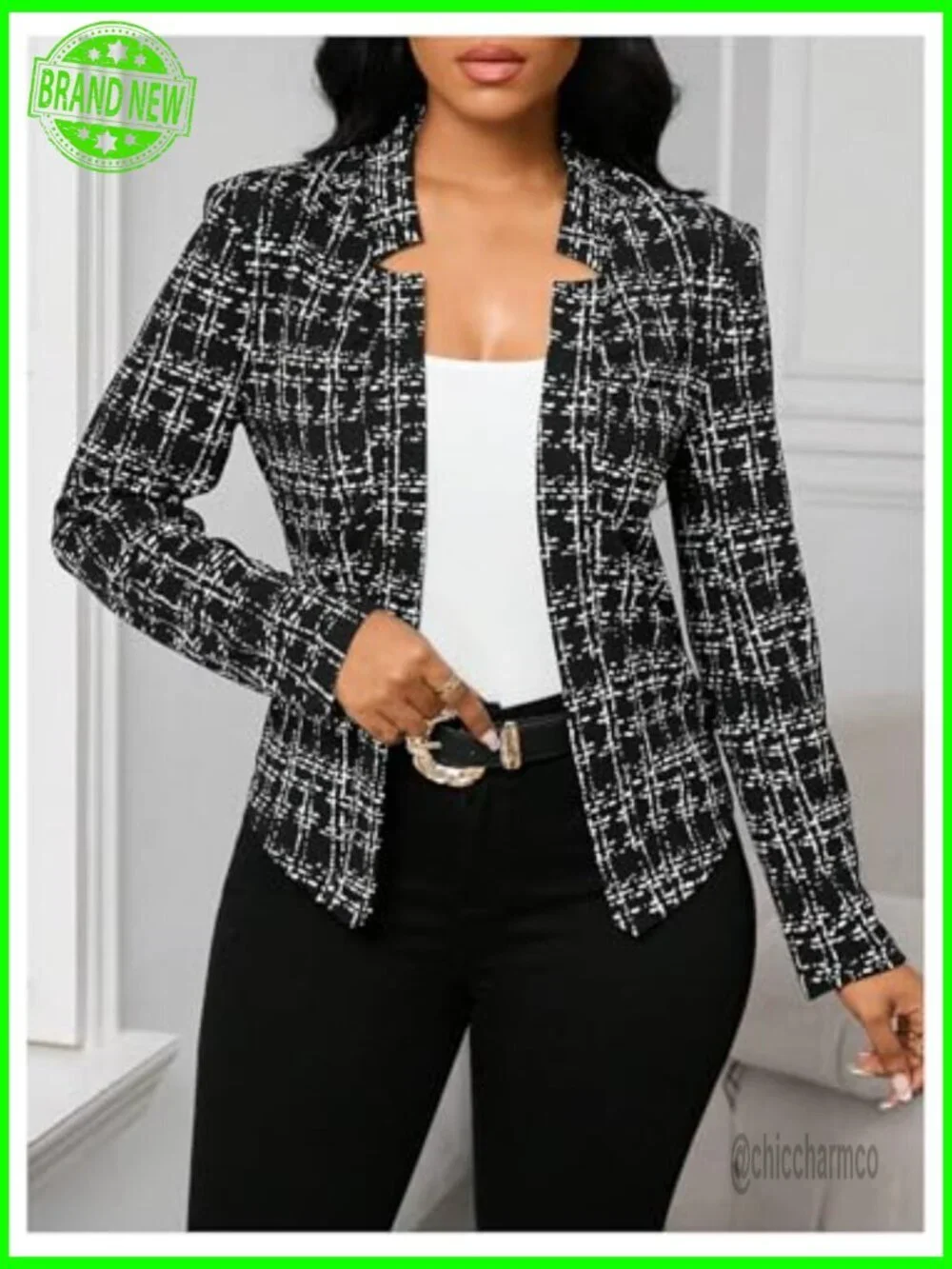 Elegant Tweed Blazer Open Front Long Sleeve Work Suit Jacket